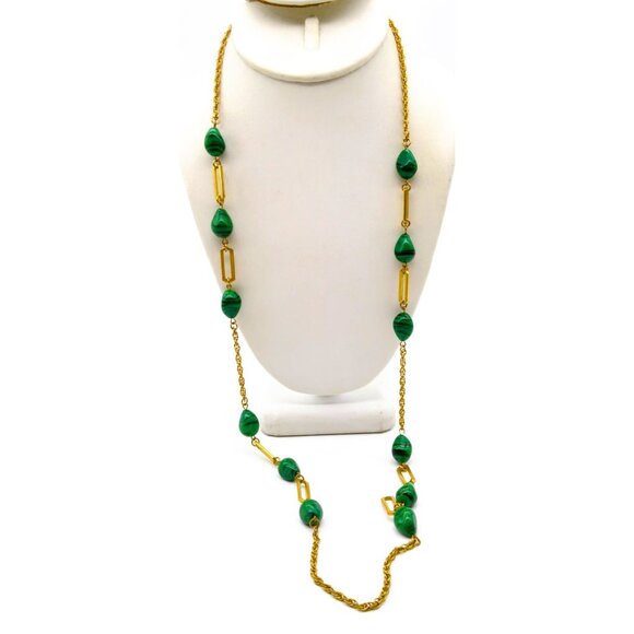 Miriam Haskell Signed Gold Chain Necklace with Malachite Green Glass Nugget - Picture 1 of 5